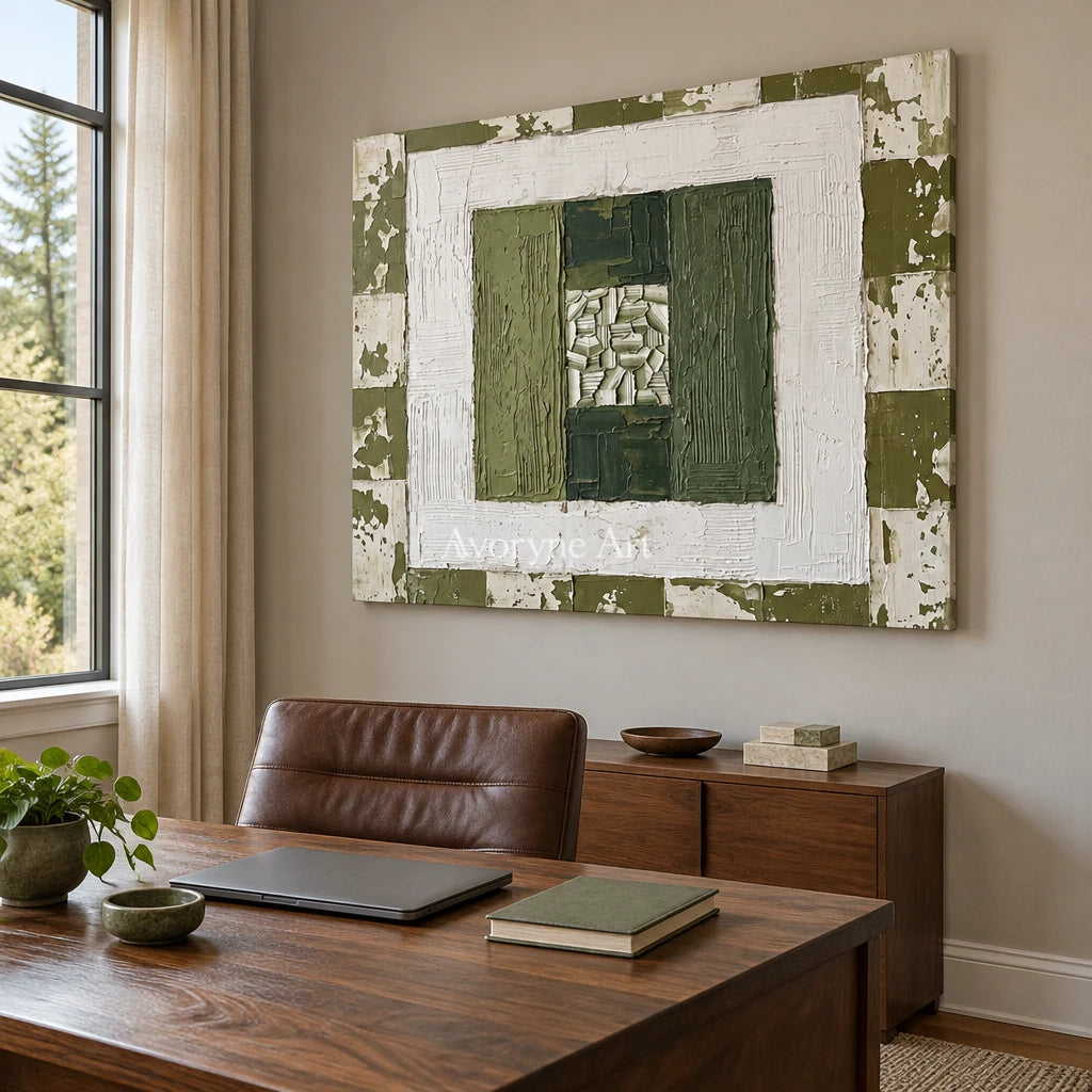 Hushed Haven olive ivory grid wall art as a frameless stretched canvas in a home office
