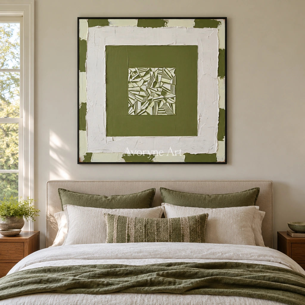 Hushed Trace olive ivory grid wall art with a black frame above a bed in a bedroom