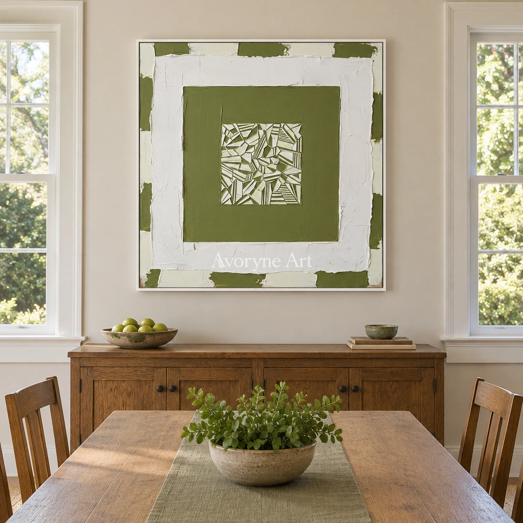 Hushed Trace olive ivory grid wall art with a white frame in a dining room