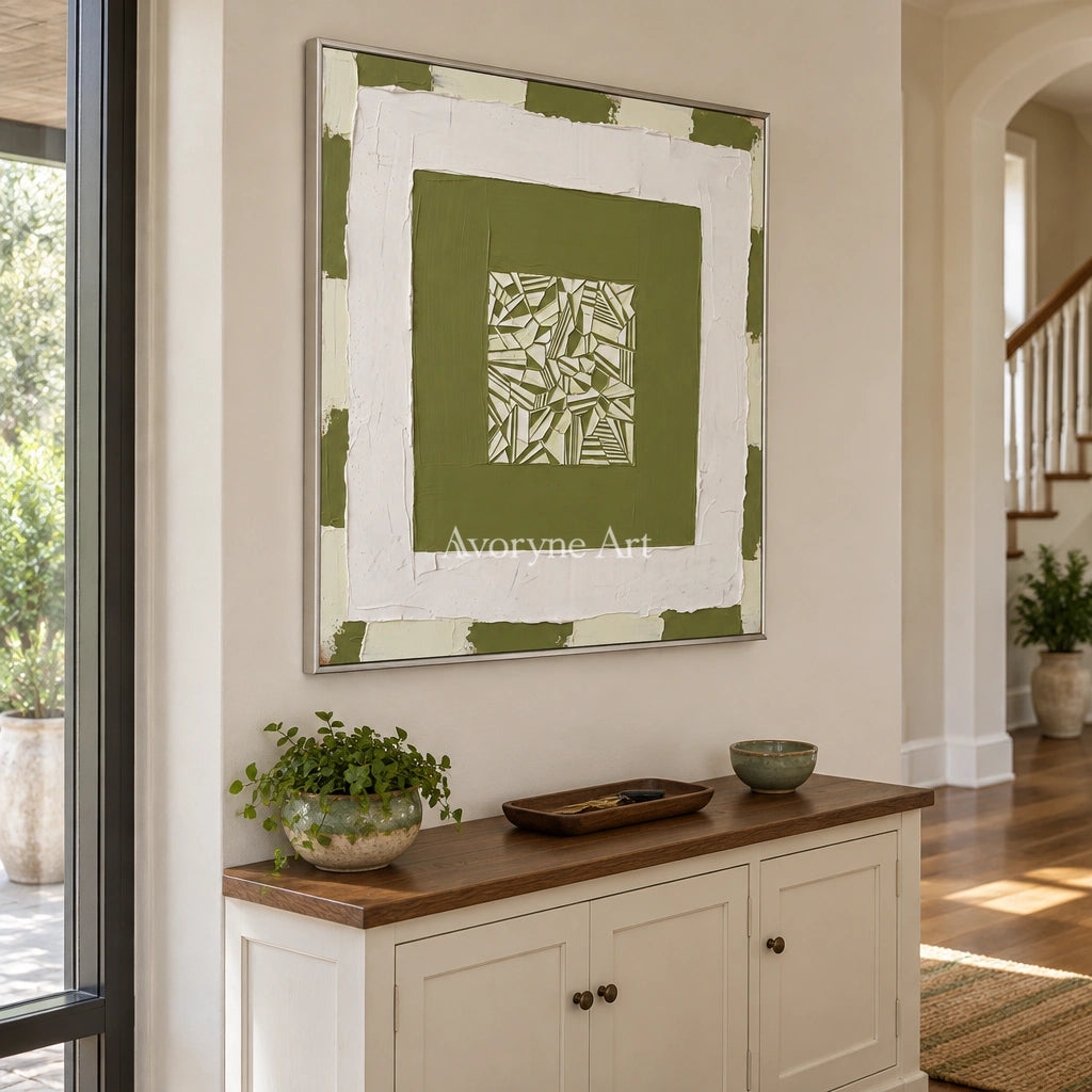 Hushed Trace olive ivory grid wall art with a silver frame in an entryway