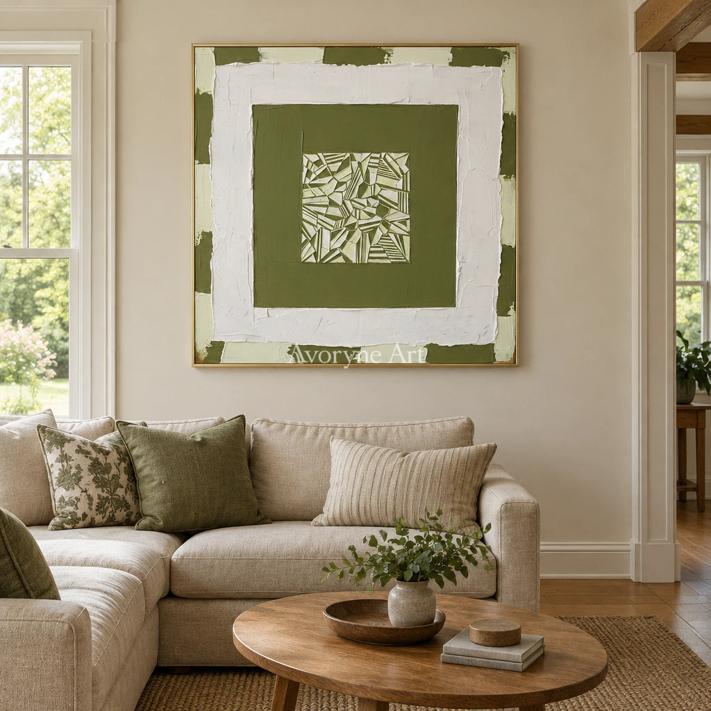 Hushed Trace olive ivory grid wall art with a gold frame hanging in a living room