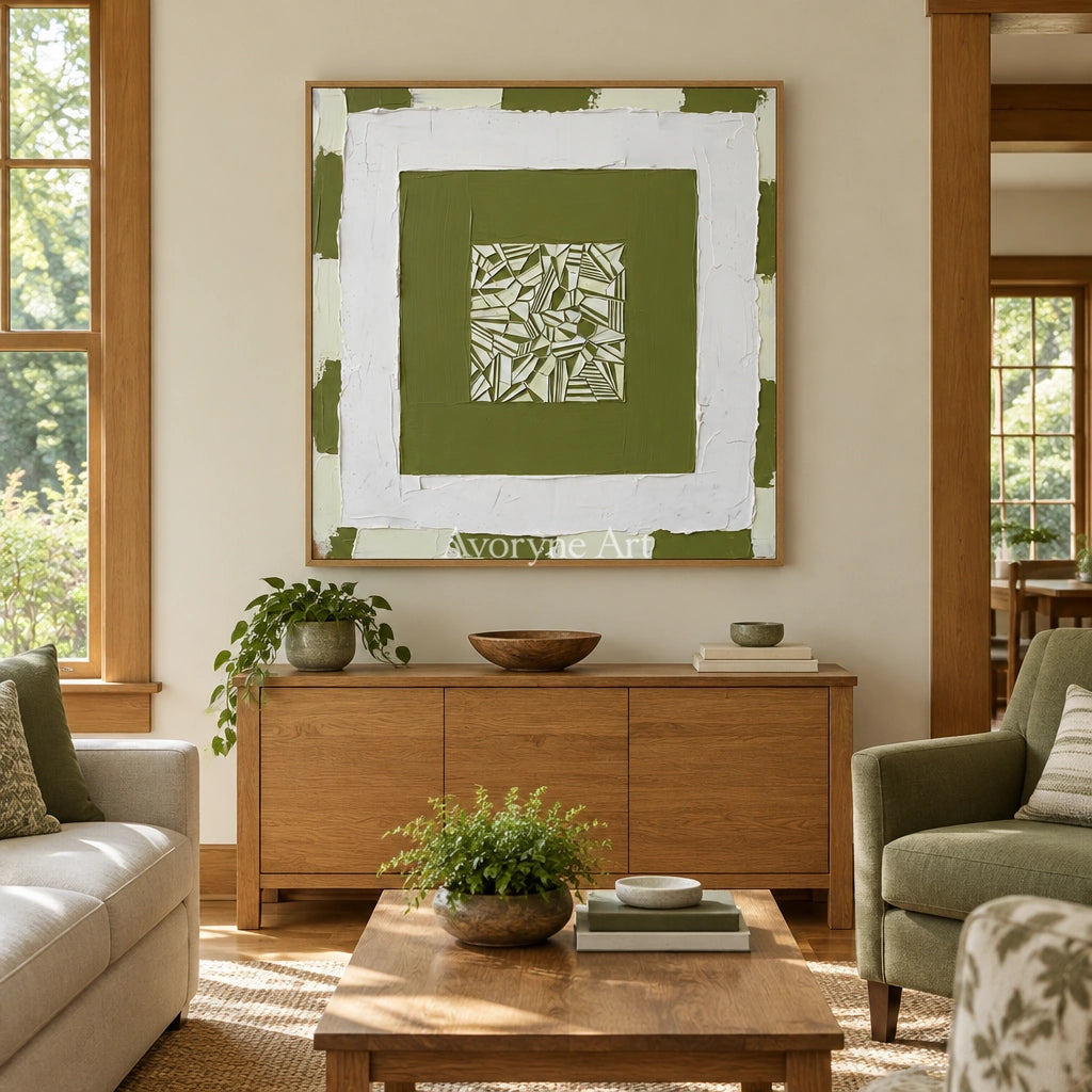Hushed Trace olive ivory grid wall art with a wood frame in a villa living space