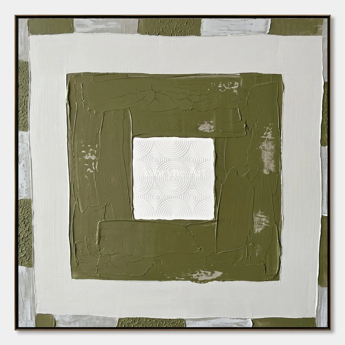 Hushed Drift, hand-painted olive ivory grid wall art by Lin Qiao