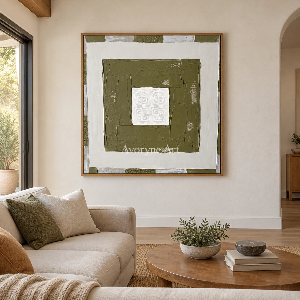 Hushed Drift olive ivory grid wall art with a wood frame in a villa living space