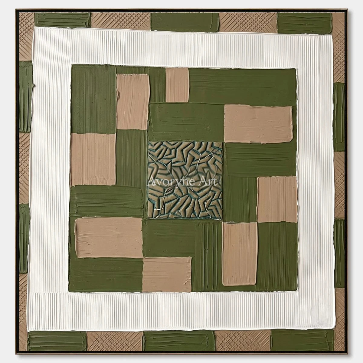 Hushed Horizon, hand-painted olive ivory grid wall art by Lin Qiao