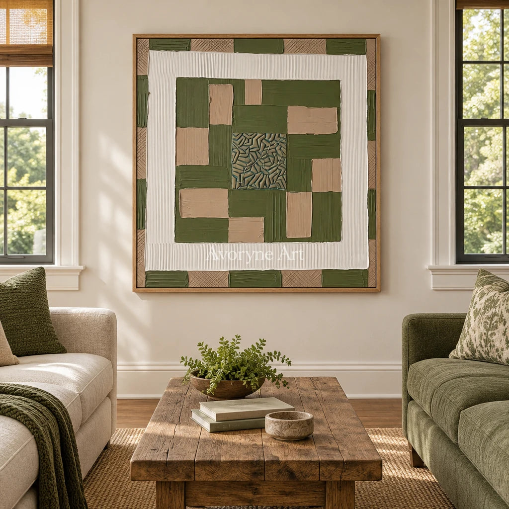 Hushed Horizon olive ivory grid wall art with a wood frame in a villa living space