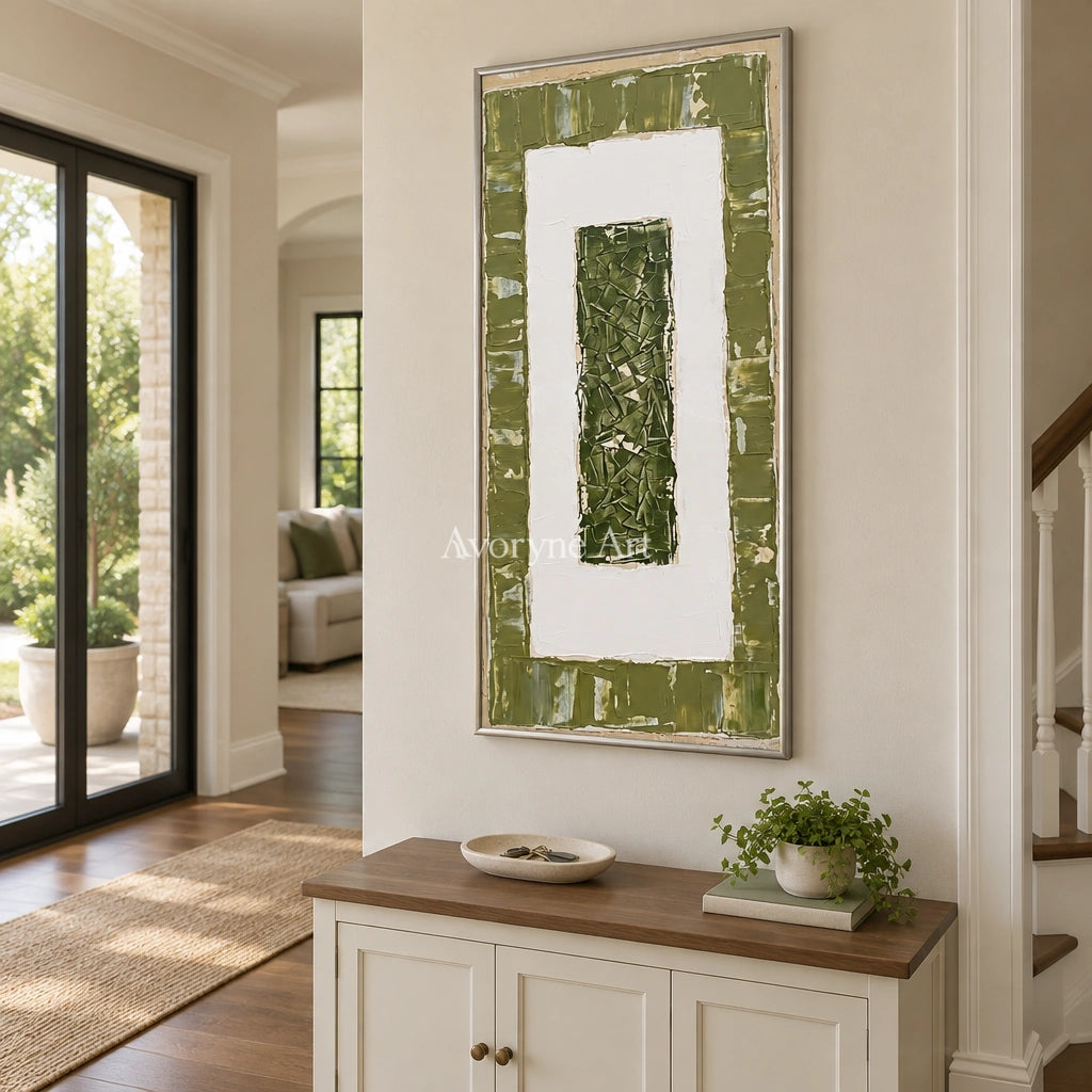 Mineral Haven olive ivory grid wall art with a silver frame in an entryway
