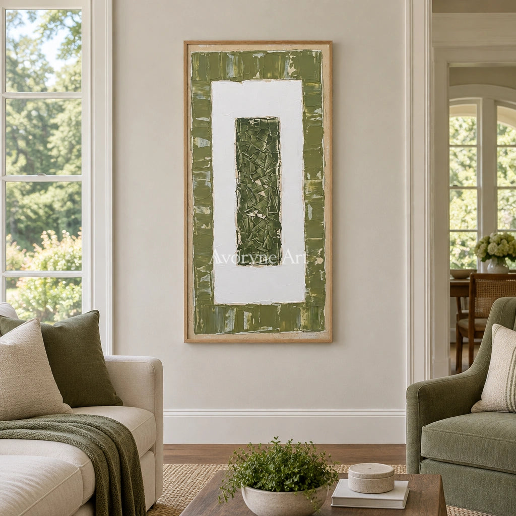 Mineral Haven olive ivory grid wall art with a wood frame in a villa living space