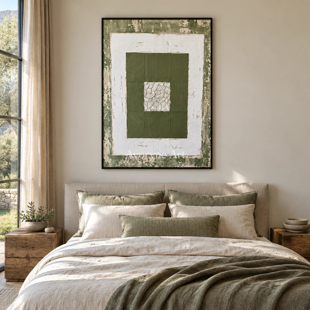 Mineral Drift olive ivory grid wall art with a black frame above a bed in a bedroom