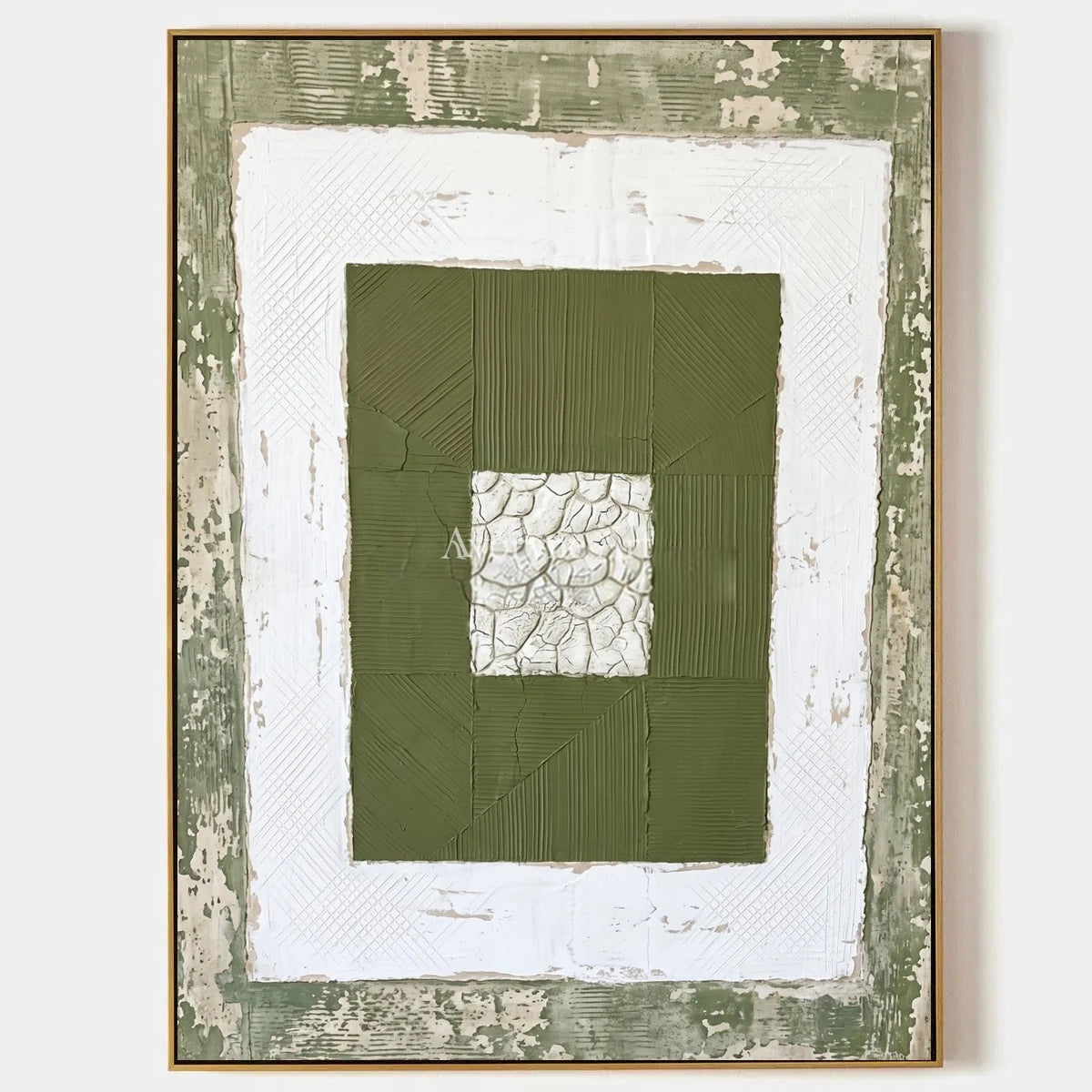 Mineral Drift, hand-painted olive ivory grid wall art by Lin Qiao