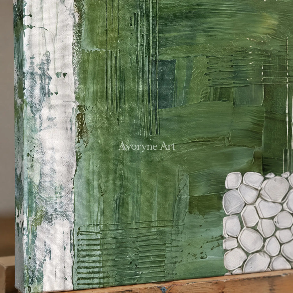 Close-up of the hand-painted texture of Earthen Sonata olive ivory grid diptych on an easel