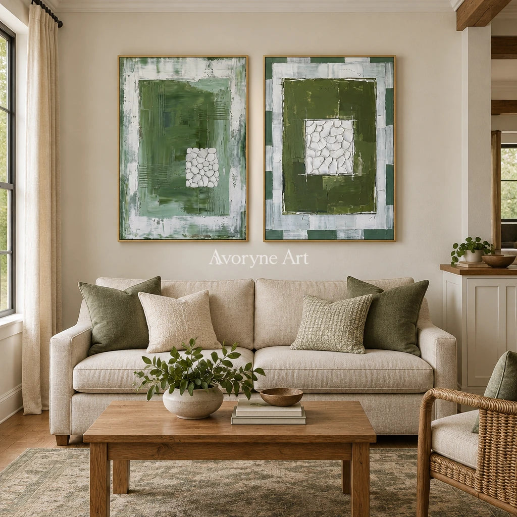 Earthen Sonata olive ivory grid diptych with a gold frame hanging in a living room
