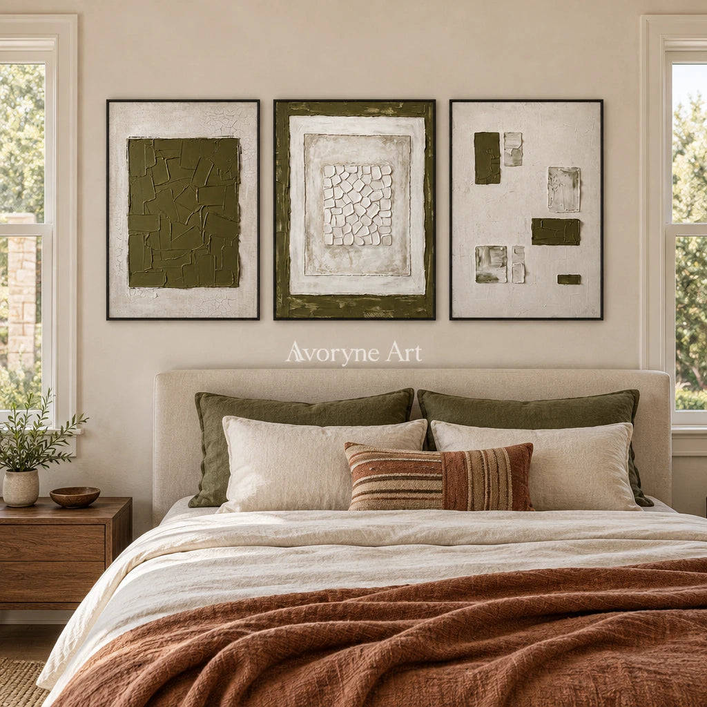 Earthen Field olive ivory grid triptych with a black frame above a bed in a bedroom