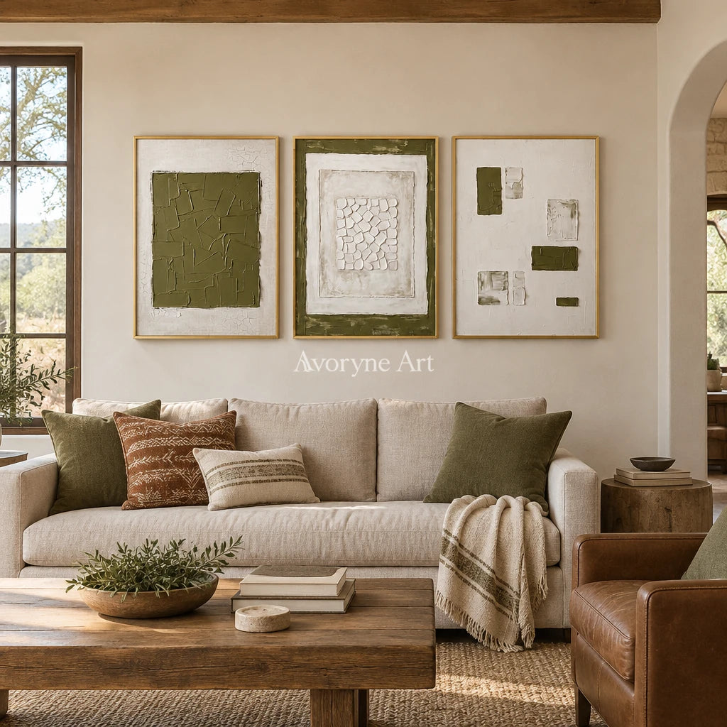 Earthen Field olive ivory grid triptych with a gold frame hanging in a living room