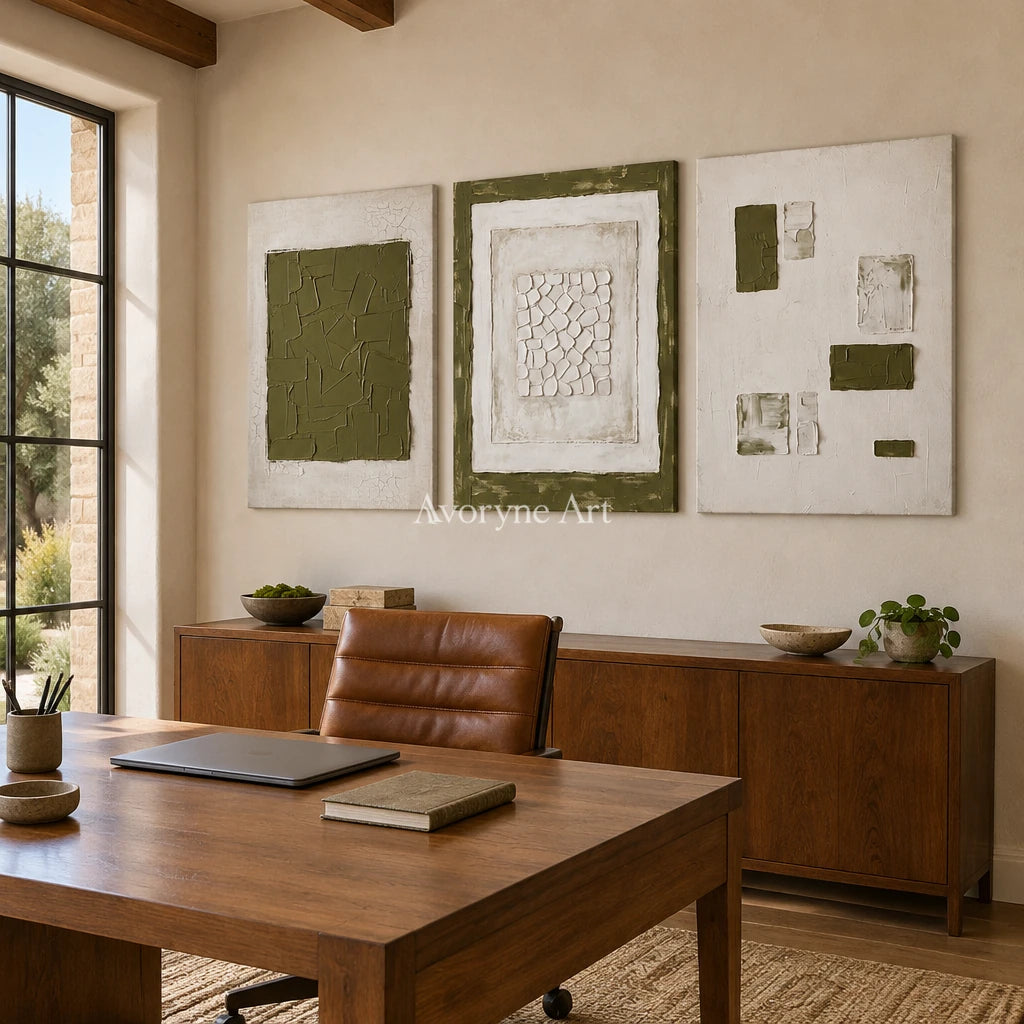 Earthen Field olive ivory grid triptych as a frameless stretched canvas in a home office