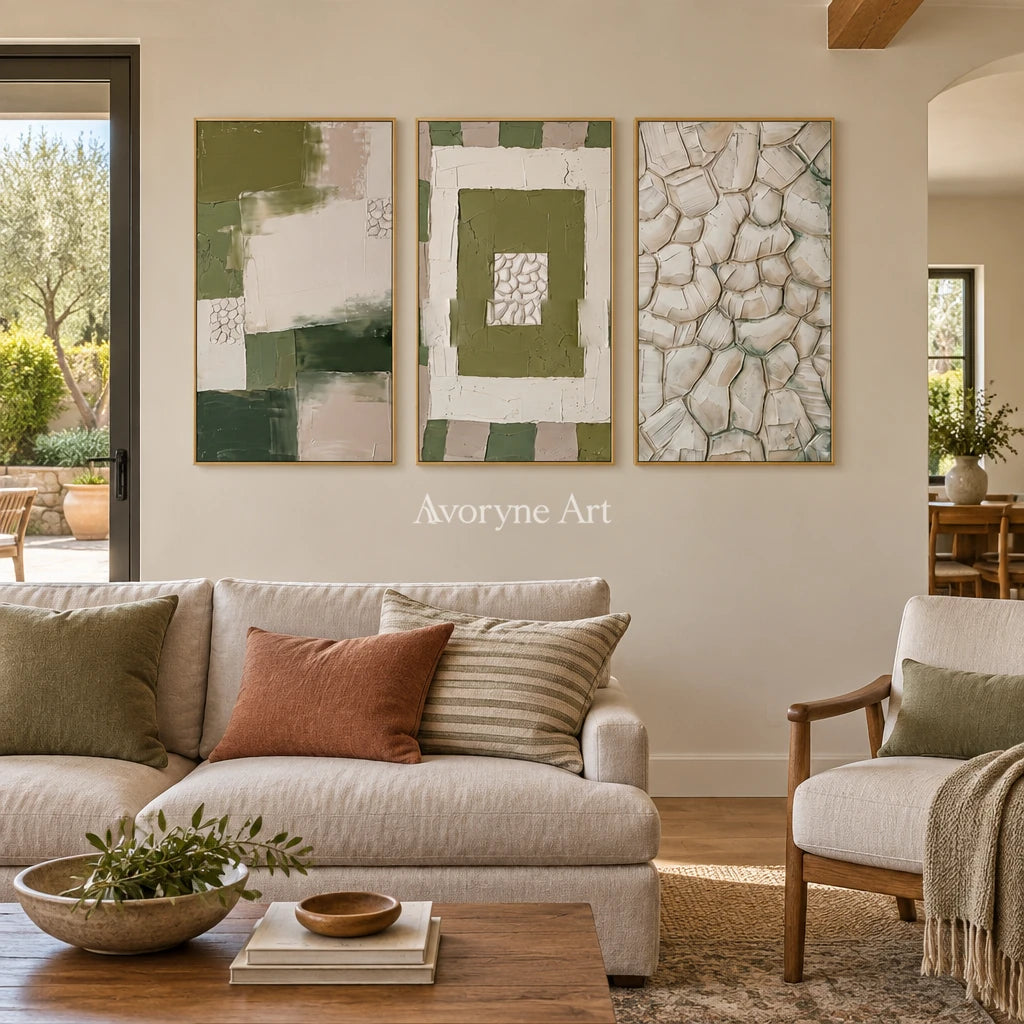 Hushed Cadence olive ivory grid triptych with a gold frame hanging in a living room