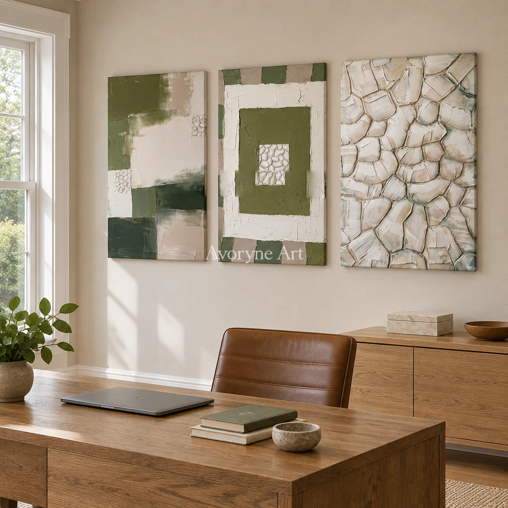 Hushed Cadence olive ivory grid triptych as a frameless stretched canvas in a home office