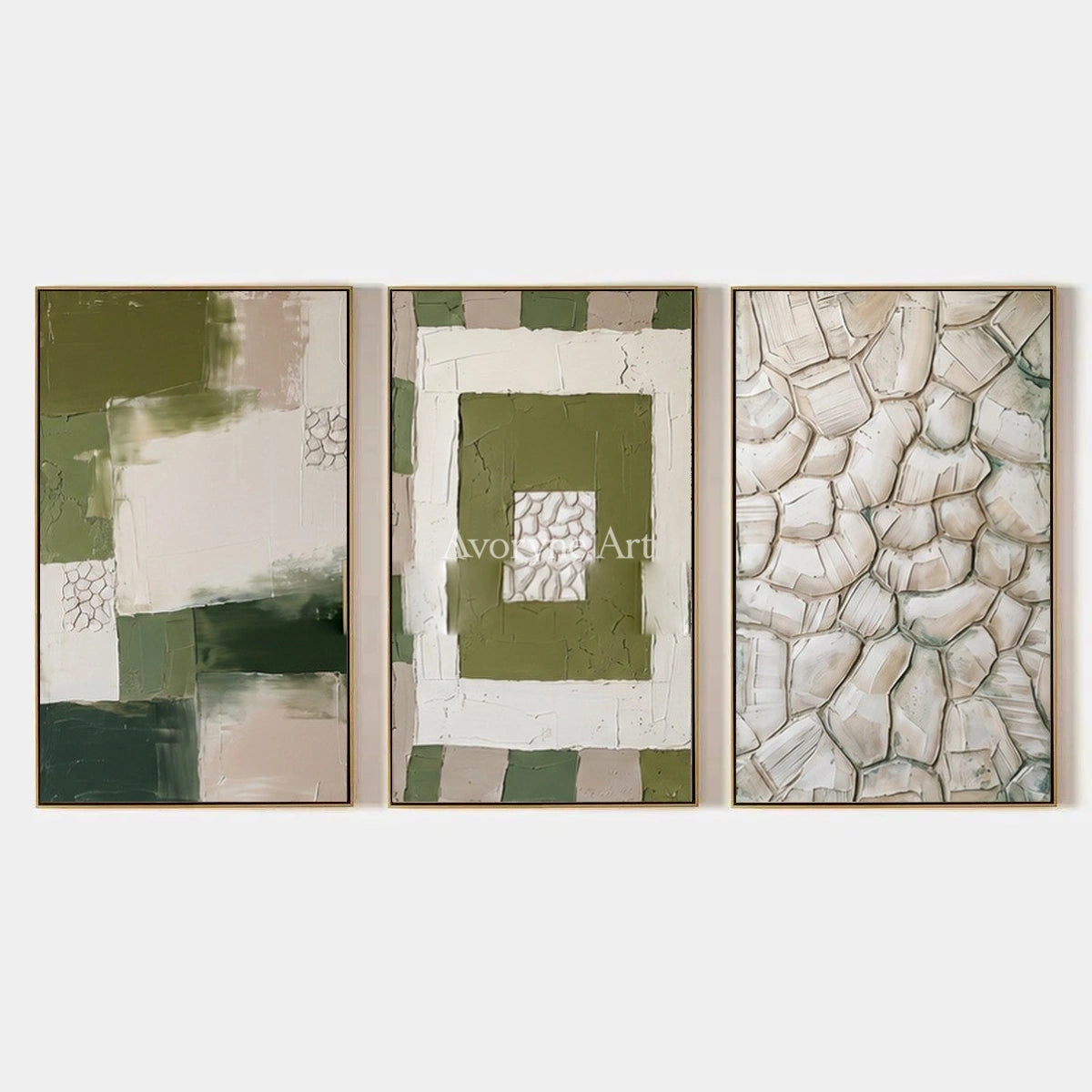 Hushed Cadence, hand-painted olive ivory grid triptych by Lin Qiao