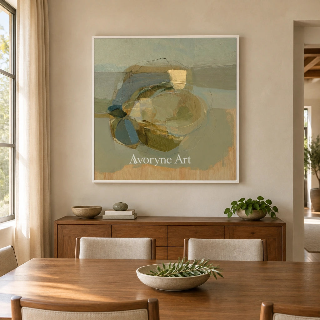 Ivory Quiet Refrain: Olive Layered Abstract — dining white