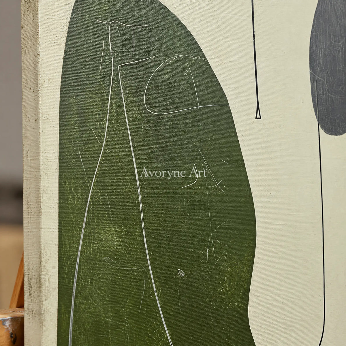 Close-up of the hand-painted texture of Muted Rhythm olive organic art triptych on an easel