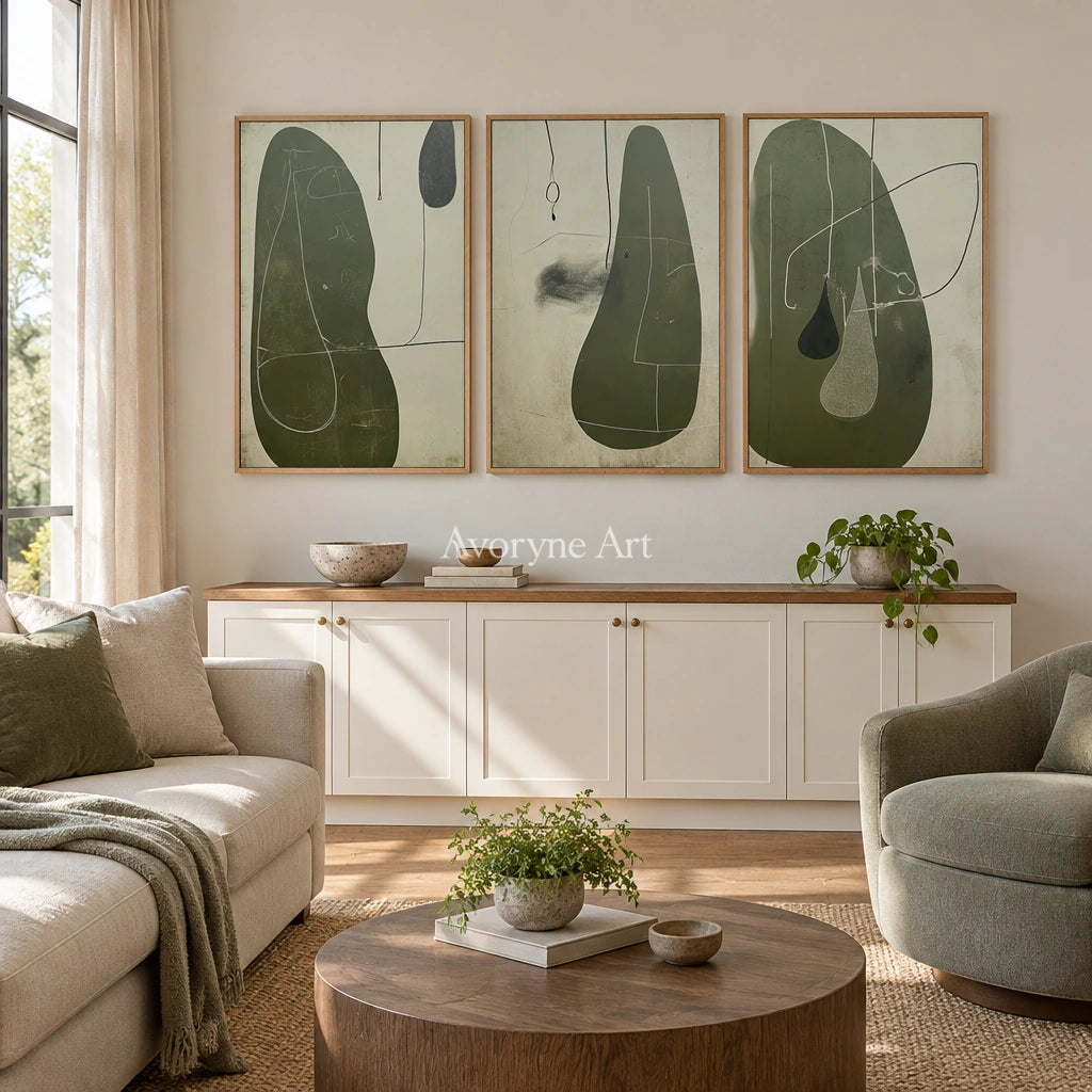Muted Rhythm olive organic art triptych with a wood frame in a villa living space