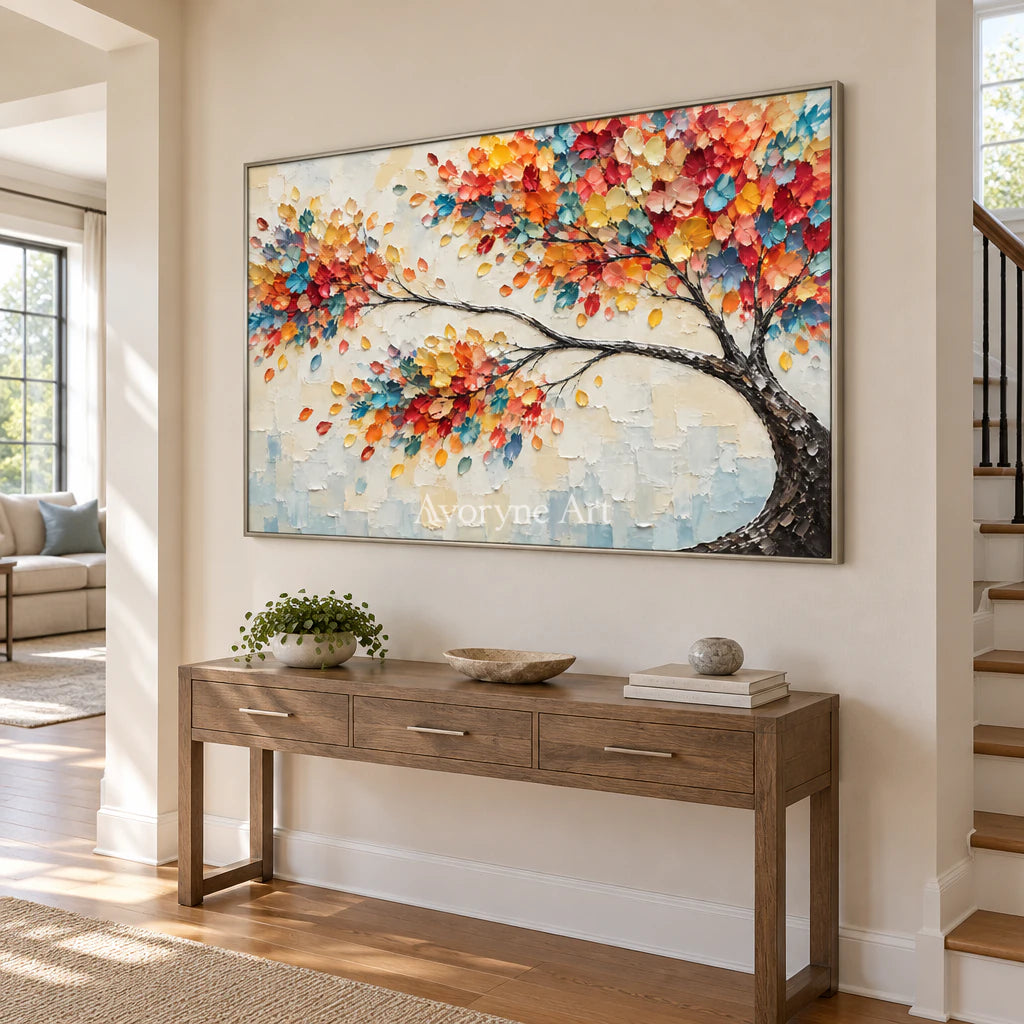 Chromatic Canopy: Orange Colorful Tree Relief Wall Art — entry silver