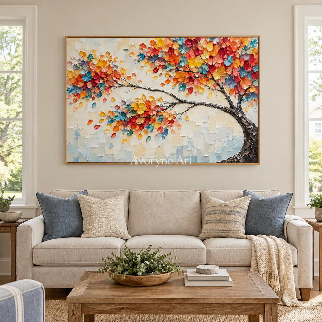 Chromatic Canopy: Orange Colorful Tree Relief Wall Art — villa wood