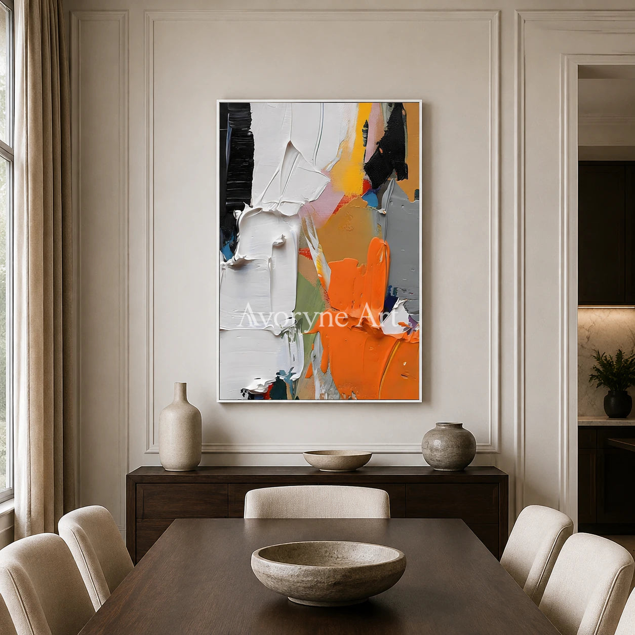 Ember Chorus: Orange Contemporary Abstract Wall Art - dining room white frame