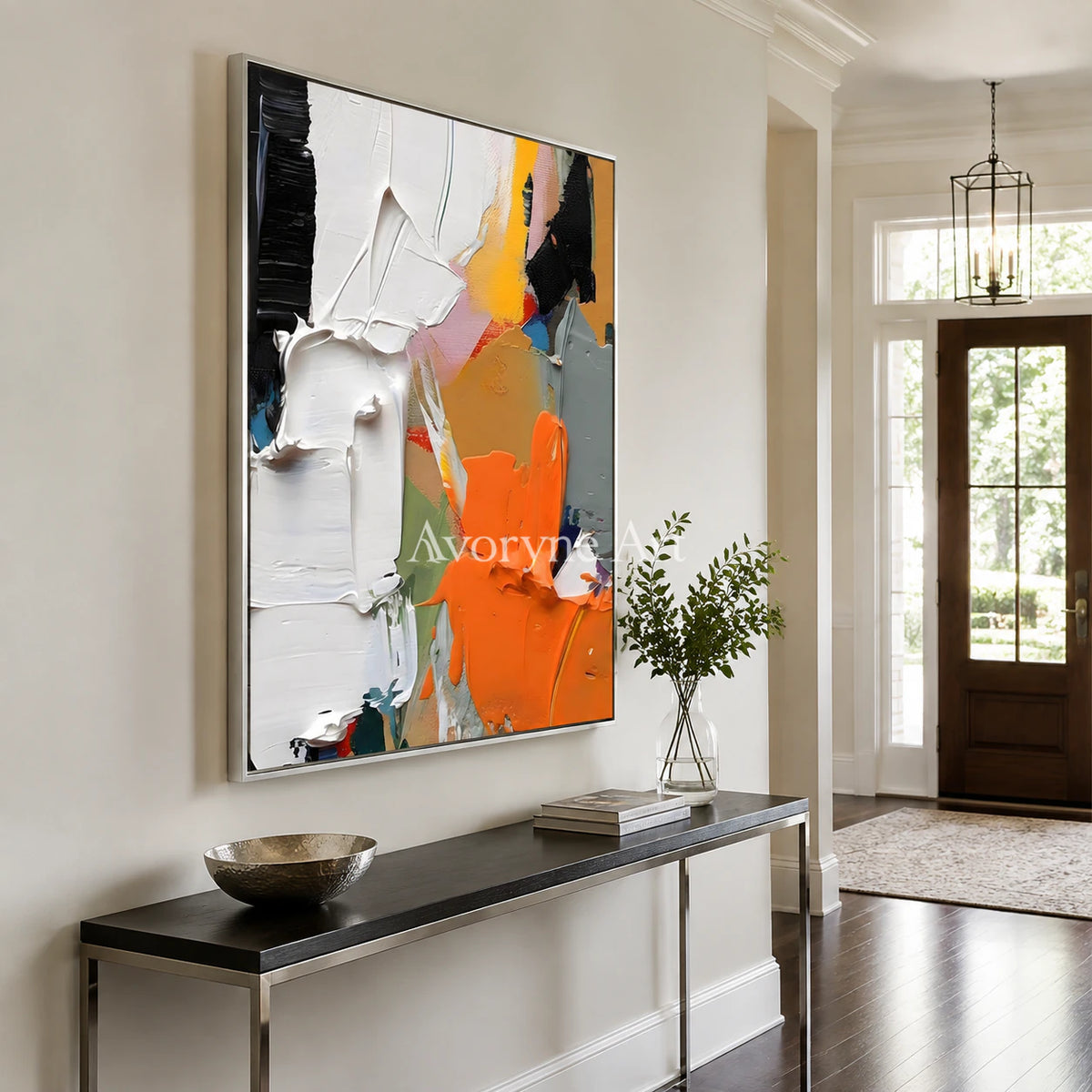 Ember Chorus: Orange Contemporary Abstract Wall Art - entryway silver frame