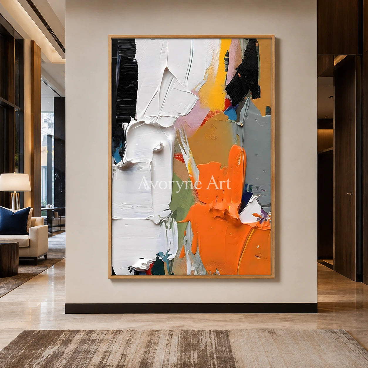 Ember Chorus: Orange Contemporary Abstract Wall Art - hotel wood frame