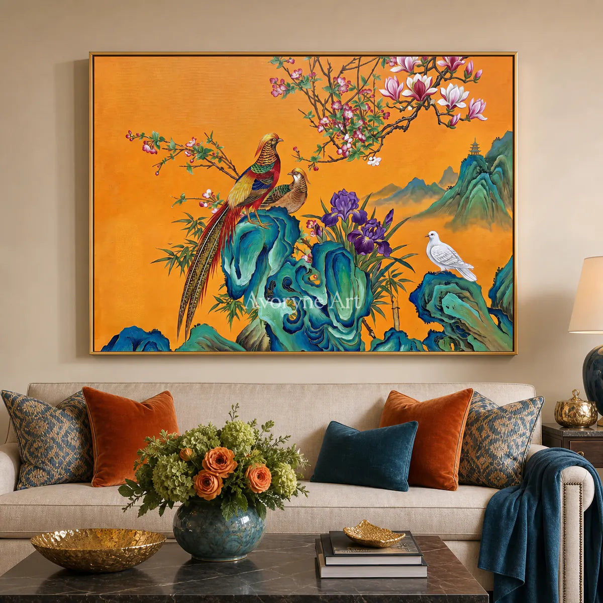 Saffron Serenade: Orange Pheasant and Magnolia Wall Art — living room gold frame