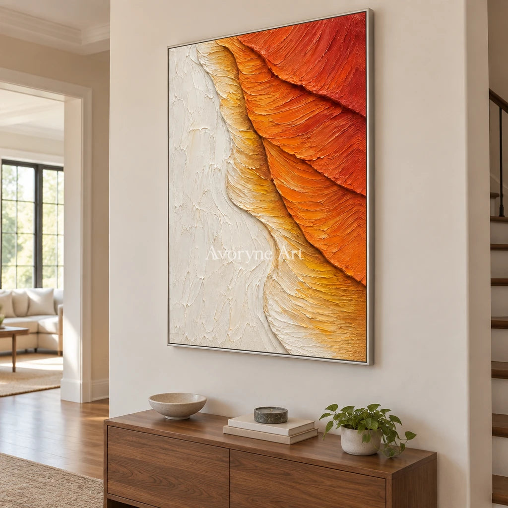 Ochre Descent: Orange Textured Abstract Wall Art — entry silver