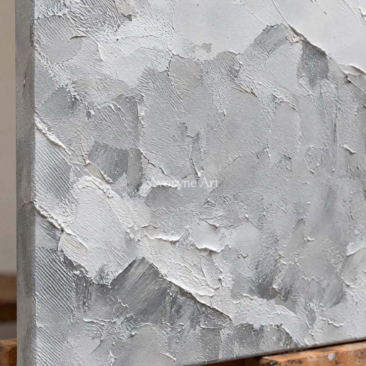 Close-up of the hand-painted texture of Muted Memory pale mountain relief diptych on an easel