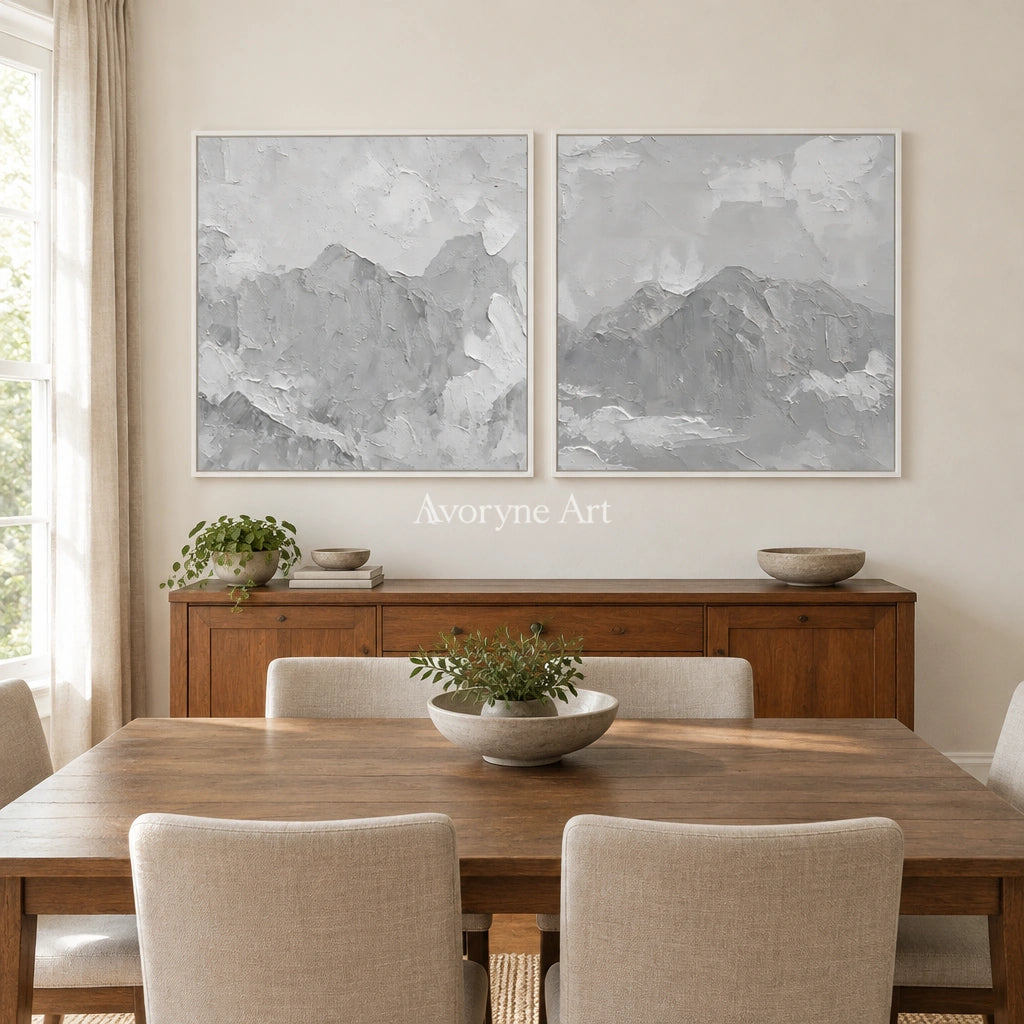 Muted Memory pale mountain relief diptych with a white frame in a dining room