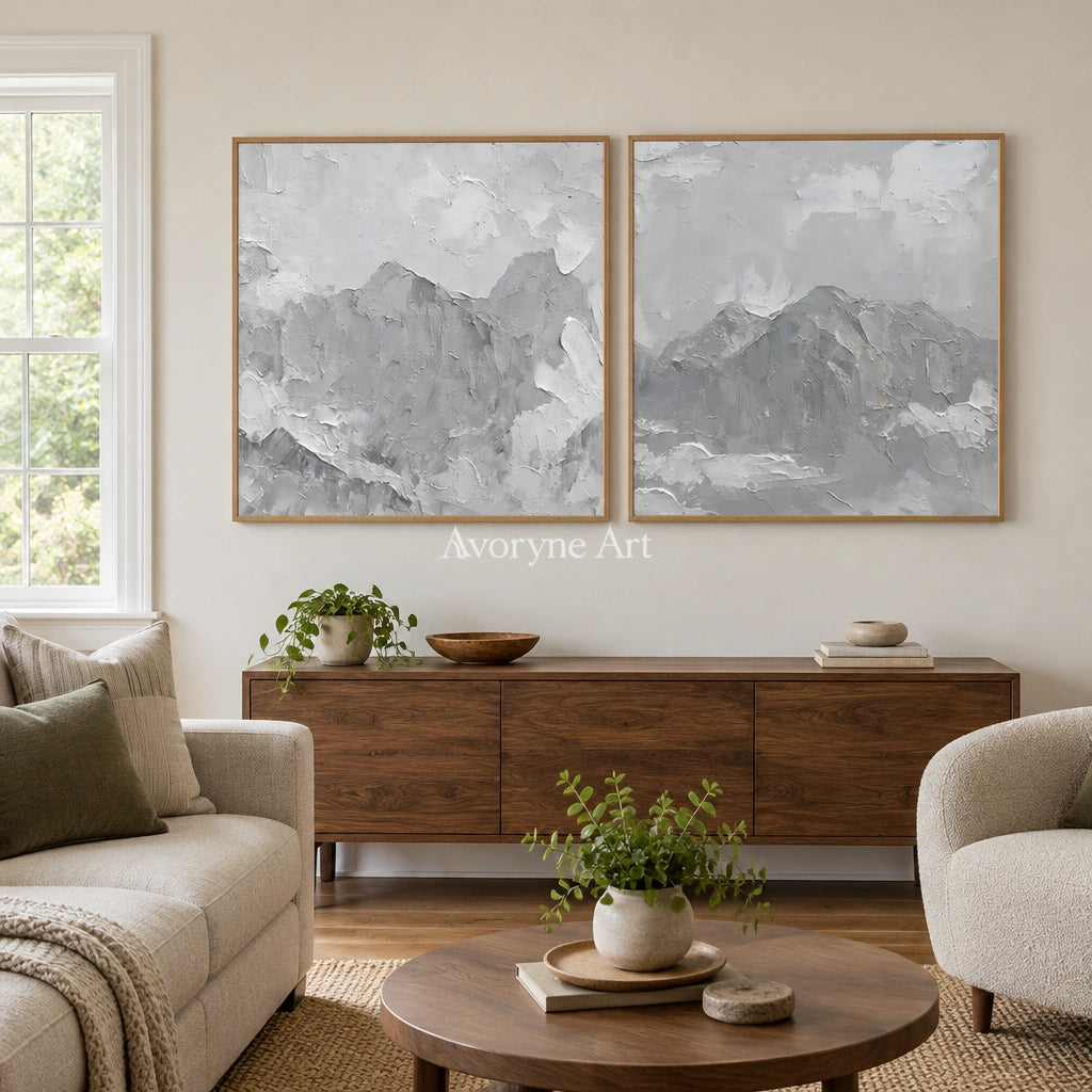 Muted Memory pale mountain relief diptych with a wood frame in a villa living space