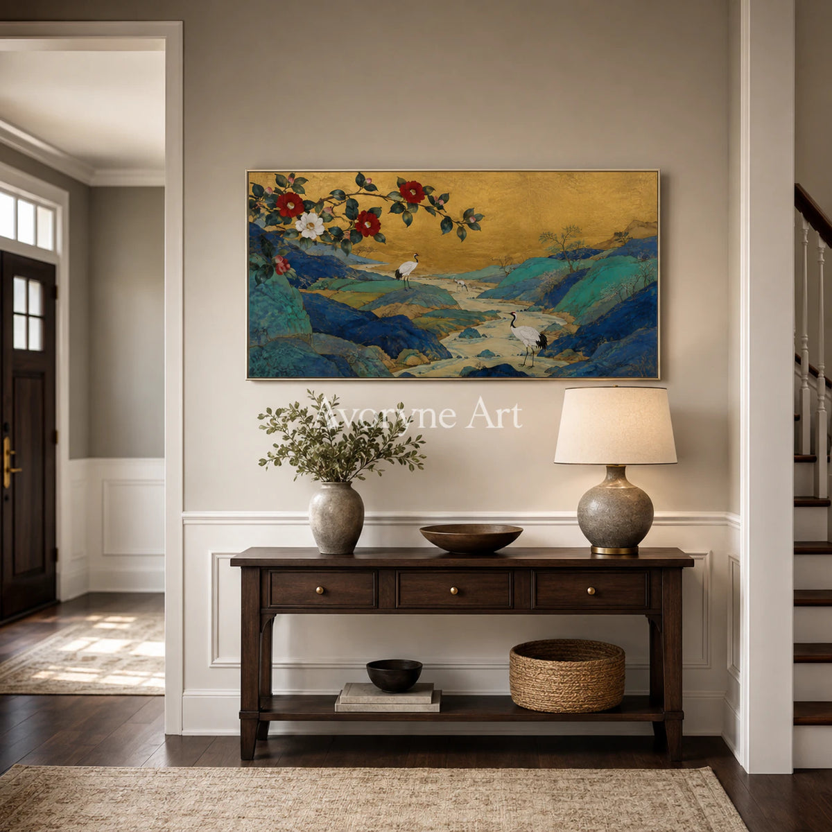 Gilded Mountain Garden: Panoramic Asian Floral Bird Wall Art - entryway silver frame