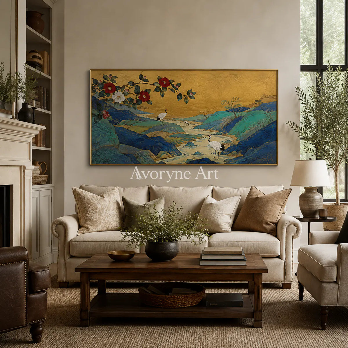 Gilded Mountain Garden: Panoramic Asian Floral Bird Wall Art - living room gold frame