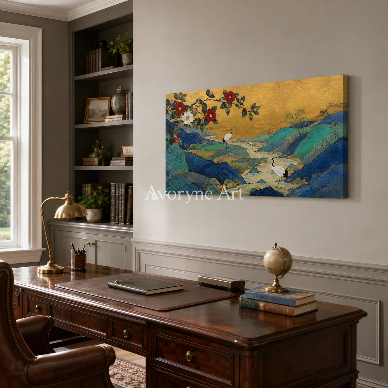 Gilded Mountain Garden: Panoramic Asian Floral Bird Wall Art - office frameless