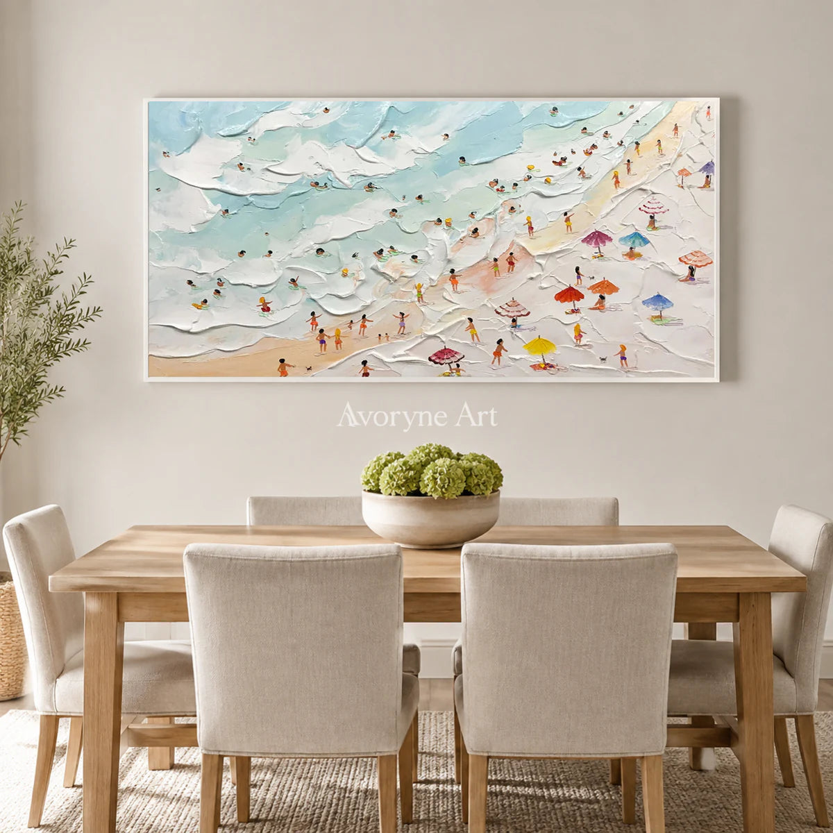 Seaside Mosaic: Panoramic Blue Beach and Umbrella Wall Art — dining white