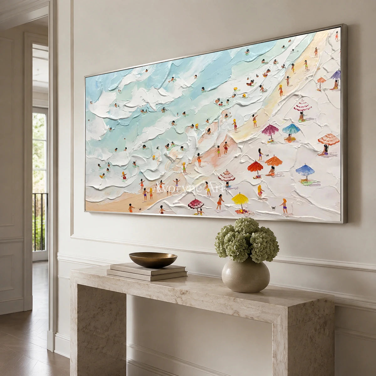 Seaside Mosaic: Panoramic Blue Beach and Umbrella Wall Art — entry silver