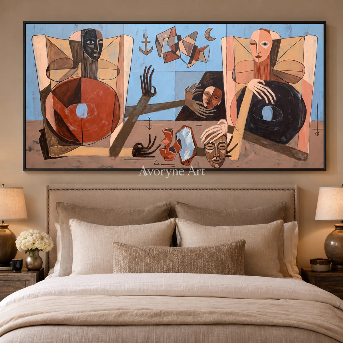 Borrowed Faces: Panoramic Cubist Figure Wall Art — bedroom black frame