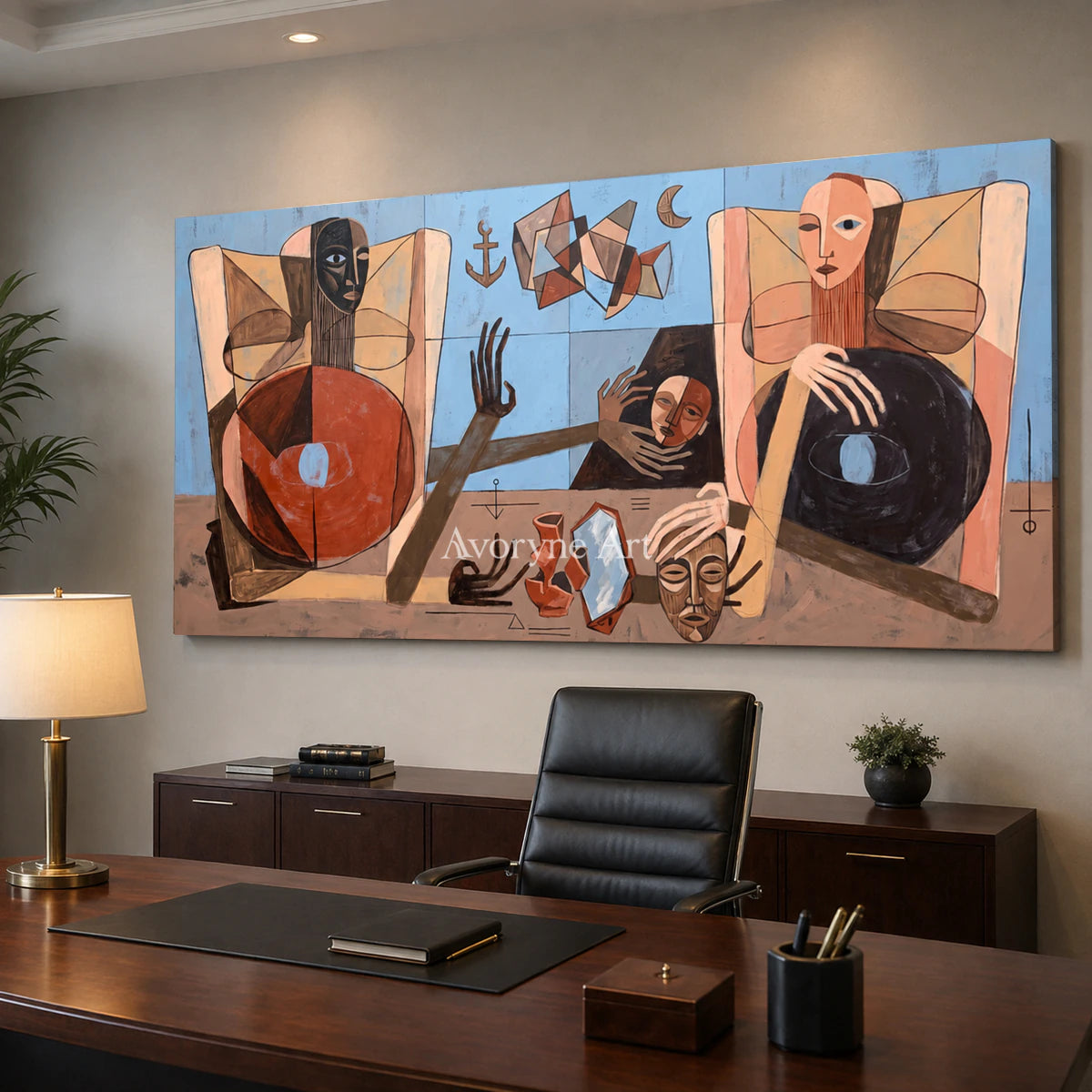 Borrowed Faces: Panoramic Cubist Figure Wall Art — office frameless oblique