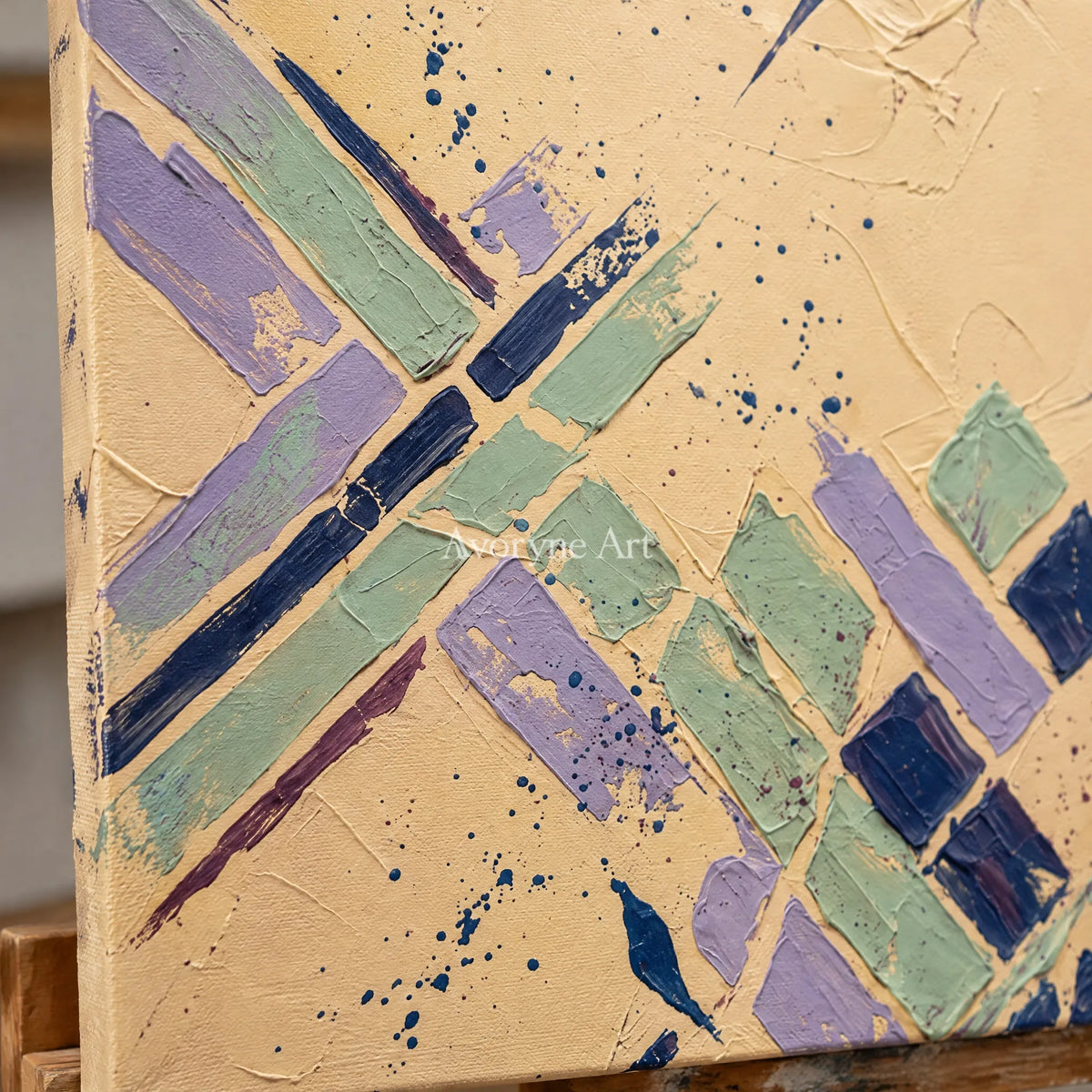 Close-up of the hand-painted texture of Misted Solace pastel geometric art on an easel