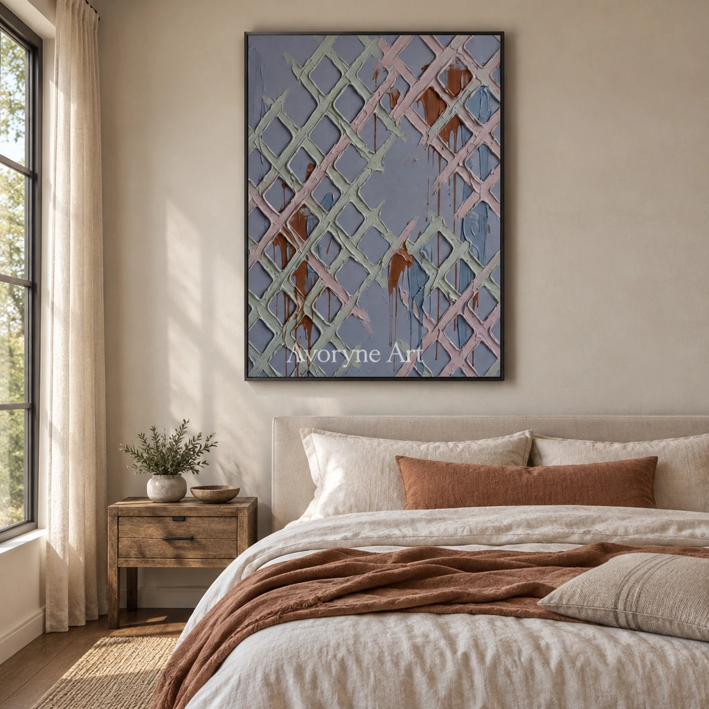 Weathered Field pastel grid texture wall art with a black frame above a bed in a bedroom