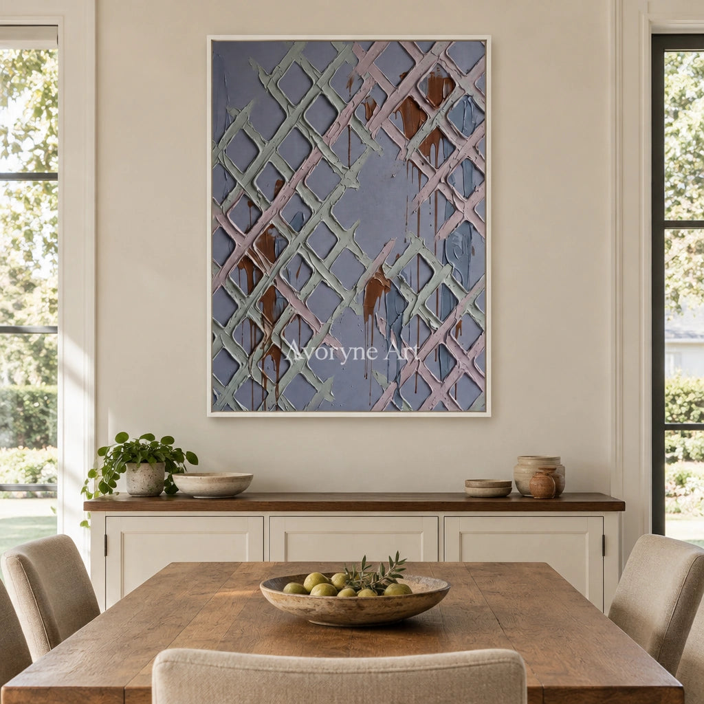 Weathered Field pastel grid texture wall art with a white frame in a dining room