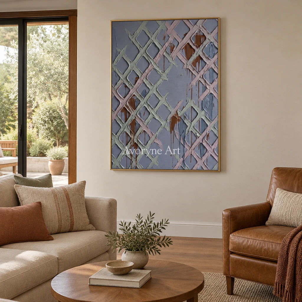 Weathered Field pastel grid texture wall art with a gold frame hanging in a living room
