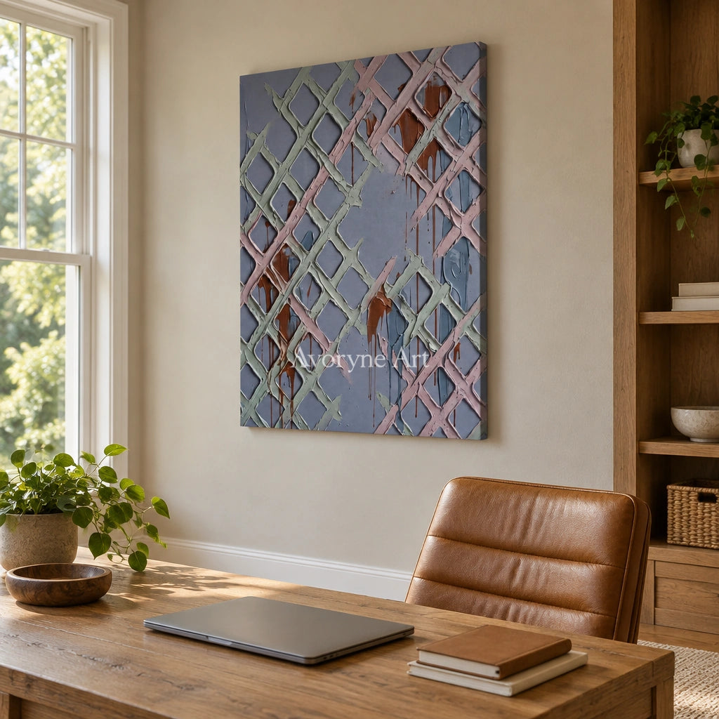 Weathered Field pastel grid texture wall art as a frameless stretched canvas in a home office