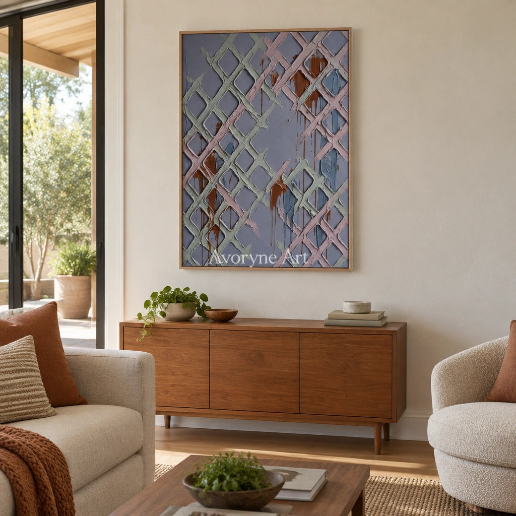 Weathered Field pastel grid texture wall art with a wood frame in a villa living space