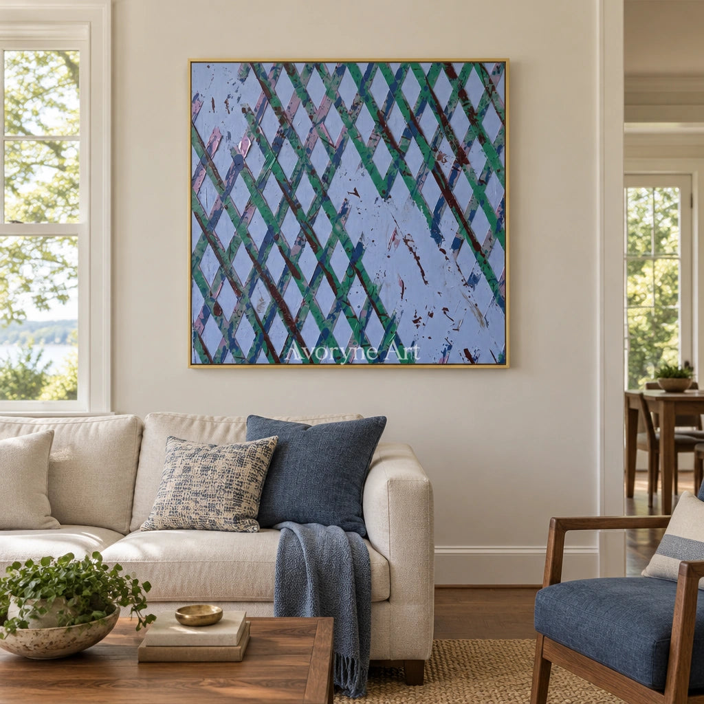 Earthen Haven pastel grid texture wall art with a gold frame hanging in a living room