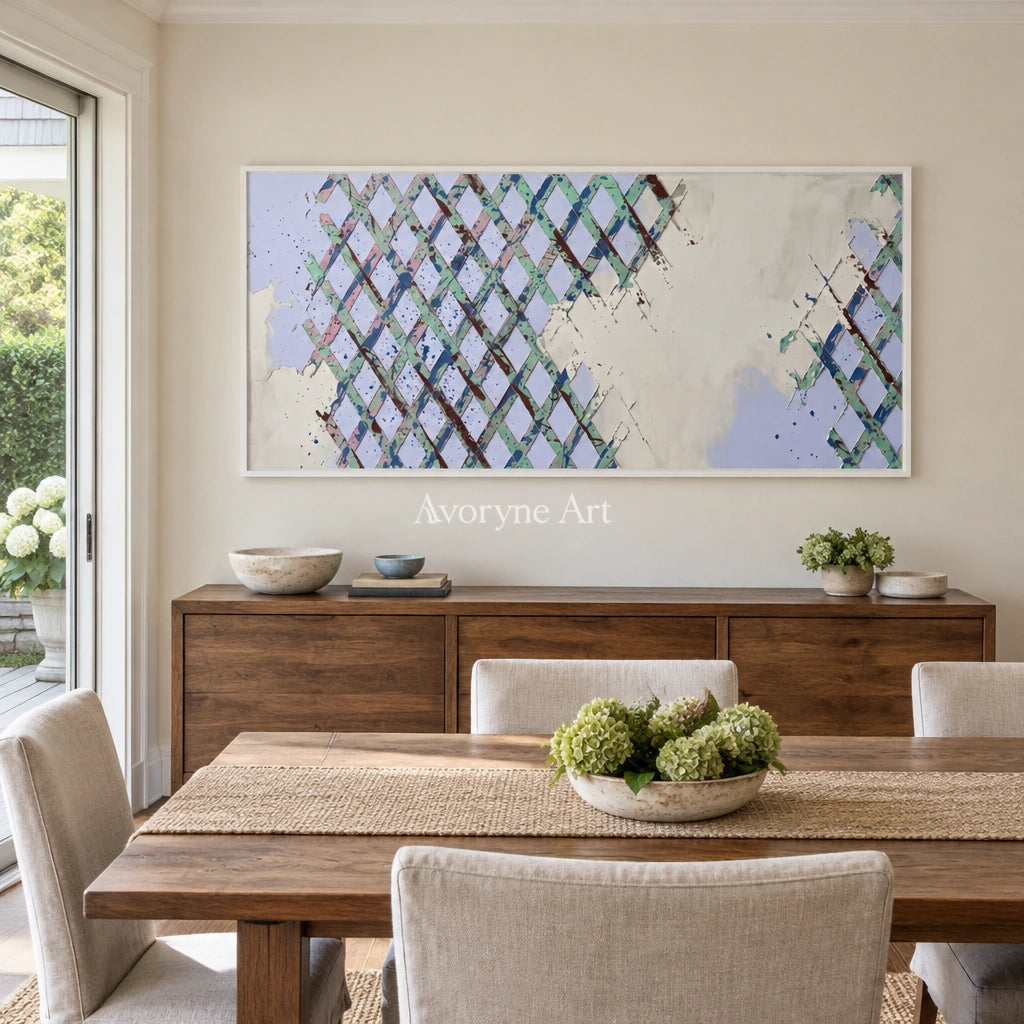 Earthen Rhythm pastel grid texture wall art with a white frame in a dining room